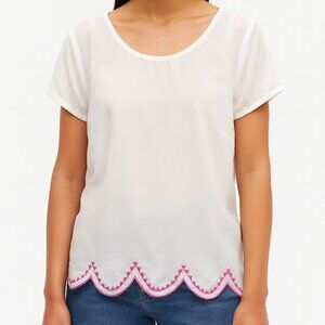 Between Me You Cream Pink Embroidered Scallop Sheer Top Medium